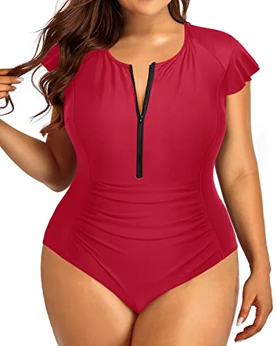 Cap Sleeves Plus Size One Piece Swimsuit For Women Tummy Control Bathing Suits-Red Elegant Swimsuit Bottoms