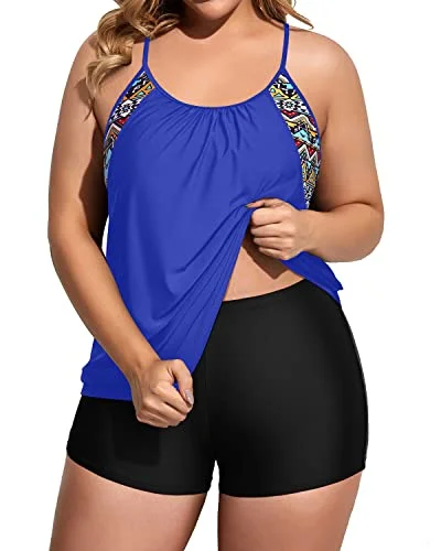 Two Piece Plus Size Tankini Set Swimsuits With Tummy Control-Blue Playful Pattern Swimsuit