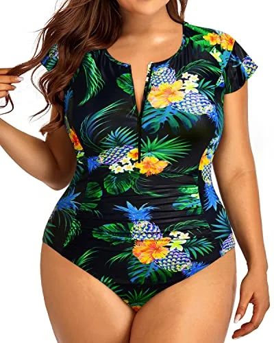 Women's Plus Size Rash Guard Swimwear Cap Sleeves Zipper Front One Piece Swimsuit Soft Beachwear Set