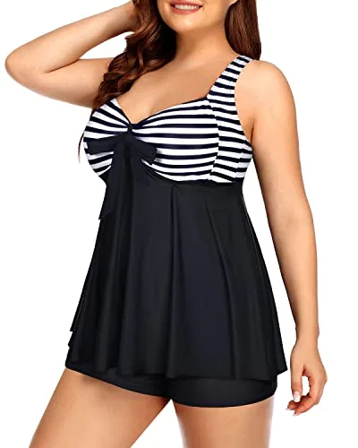 Long Flowy Two Piece Plus Size Tankini Swimsuits For Women-Black And White Stripe Deep-V Swimsuit Design