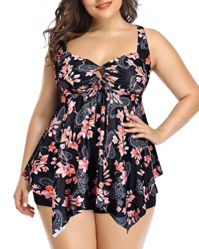 Plus Size Criss Cross Back Tankini Swimsuits For Women-Black Pink Flower Solid Color Swimsuit