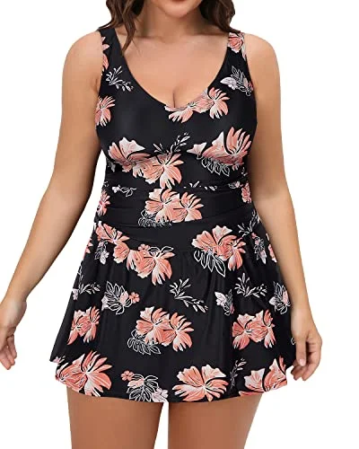 Plus Size One Piece Swim Dress With Tummy Control For Women-Black Orange Floral Classic One-Piece