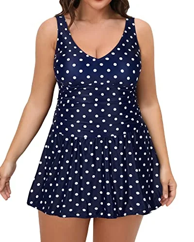 Women Plus Size One Piece Swim Dress Tummy Control-Blue Dot Full Coverage Swimsuit