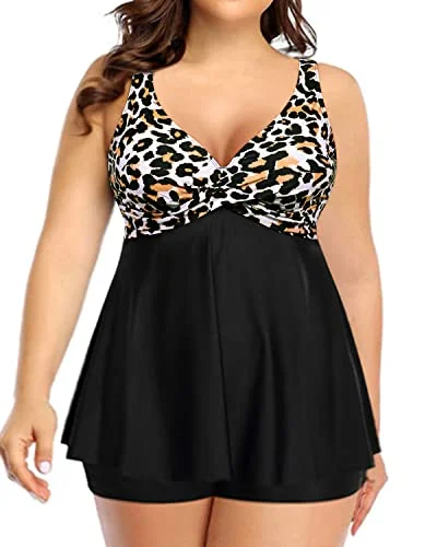 Twist Front Two Piece Plus Size Tankini Swimsuit For Big Busted Women-Black And Leopard Reversible Bikini Set