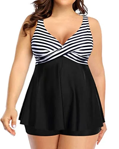 Flowy Plus Size Tankini For Elegant Neck And Curvy Bust Women-Black And White Stripe Beachy Ruffle Bikini