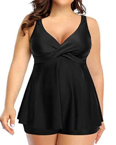 Plus Size Tankini Swimsuit Tummy Control Bathing Suits For Women-Black Halter Top Bikini