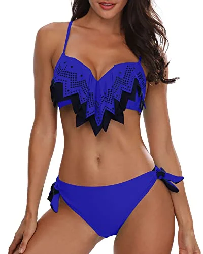 Womens Two Piece Swimsuit Underwire Push Up Bikini Sets-Blue Mesh Detail Bikini