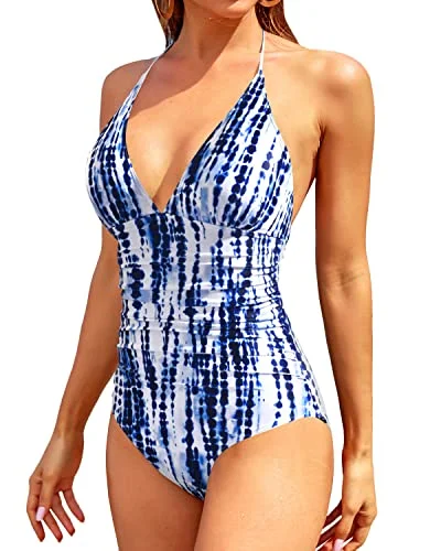 Women's Halter Neck One Piece Swimsuits For Long Torso-Blue Tie Dye Elegant Swim Dress