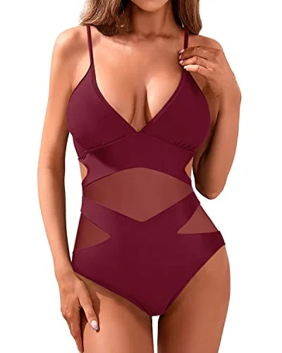 Sexy One Piece Bathing Suits Plunge V Neck Monokini Cutout Swimwear-Red Sporty Swim Shorts