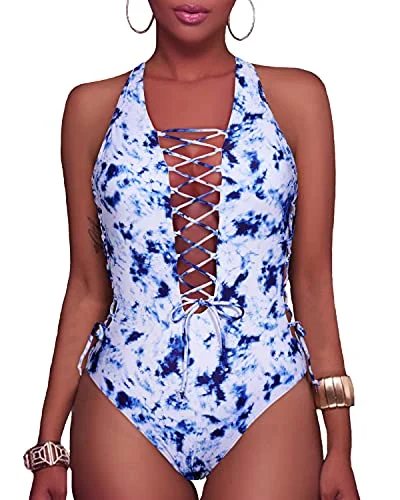 Lace Up Monokini Strappy Cutout High Cut Swimsuits-Blue Tie Dye Comfortable Tankini Set