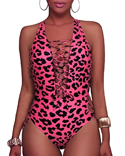 High Cut Cross Back Plunge V Neck One Piece Swimsuits-Hot Pink Leopard Crisscross Back Swimsuit