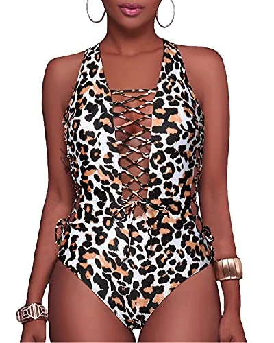 Flattering Lace Up Strappy Cutout Swimwear-Leopard Sleek Mesh Bikini