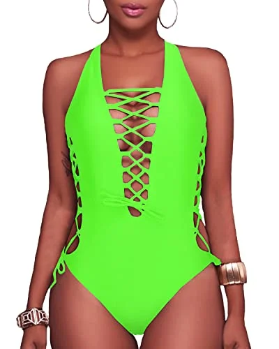 Plunge V Neck Lace Up Monokini One Piece Swimsuit For Curvy Women-Neon Green Floral Bikini Top