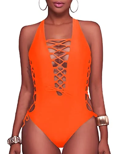 Lace Up Monokini Plunge V Neck One Piece Swimsuits-Neon Orange Classic Two-Piece Bikini