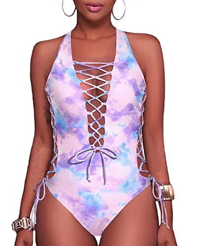 Sexy Strappy Plunge V Neck One Piece Swimsuits-Tie Dye Trendy Swimsuit Bottoms