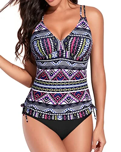 Sporty Adjustable Criss Cross Shoulder Straps Tankini Swimsuits-Black Tribal Bold High-Cut Bikini