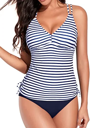 Adjustable Criss Cross Shoulder Straps Tankini Swimsuits-Blue White Stripe Classic Sporty Swimsuit