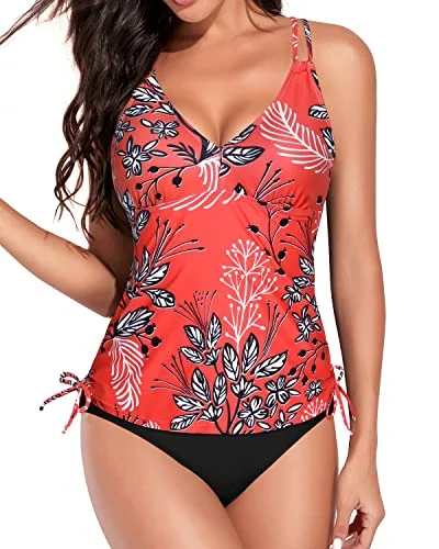 Ruched Tankini Swimsuits For Women With Tummy Control-Red Floral Sexy Swimwear Set