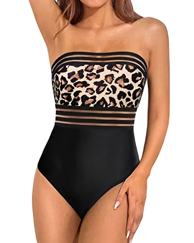 Bandeau One Piece Swimsuit Tummy Control Strapless Bathing Suit For Women-Black And Leopard High-Waist Bikini Set