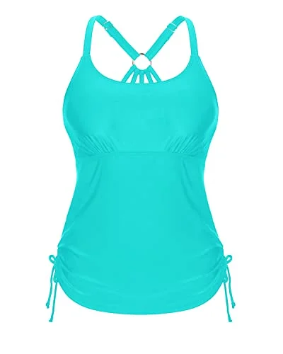 Ruched Tie Side Drawstring Tankini Swimsuit Tops For Women Tankini-Aqua Tie-Back Swimwear