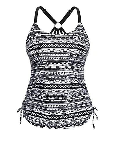 Adjustable Strappy Racerback Tankini Swimsuit Tops For Women Tankini-Black And White Stripe Summer Ready Swimsuit