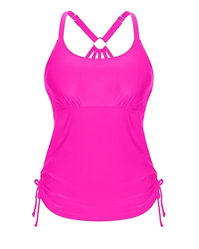 Long & Loose Tankini Tops For Tummy Hiding Swimsuit Tops For Women Tankini-Neon Pink Classic Sporty Swimsuit