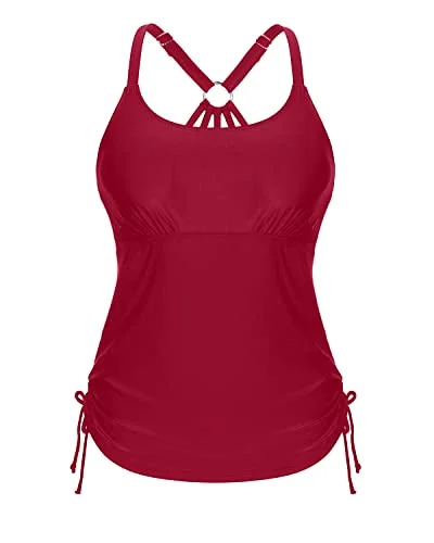 U Neck Tankini Top With Removable Padded Bra Swimsuit Tops For Women Tankini-Red Beach Ready Swimsuit