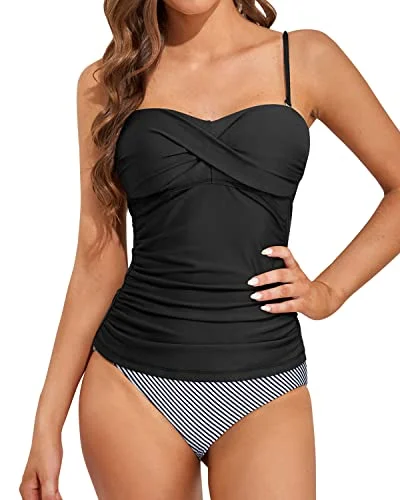 Modest Two Piece Bandeau Tankini With Swim Shorts-Black Stripe Monokini Swimsuit Design