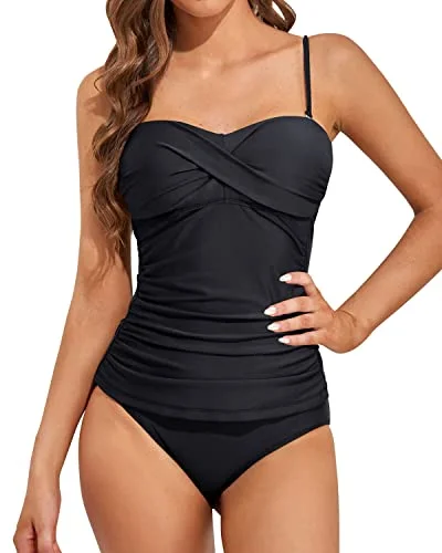 Twist Front Bandeau Tankini With Push Up Cups For Women-Black Sexy Monokini Swimsuit