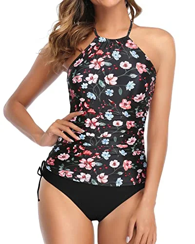 Halter Tankini Top With Bikini Bottom Tummy Control Two Piece Swimsuits-Black And Pink Floral Sporty Racerback Swimsuit