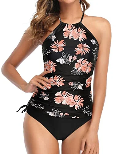 Halter Tankini Two Piece Swimsuits With Backless Tankini And Shorts-Black Orange Floral Sexy Two-Piece Set