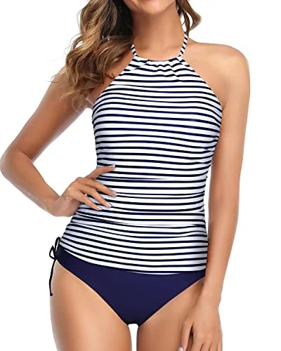 Backless Tankini Two Piece Swimsuits For Women Tummy Control-Blue White Stripe Sexy Swimwear Set