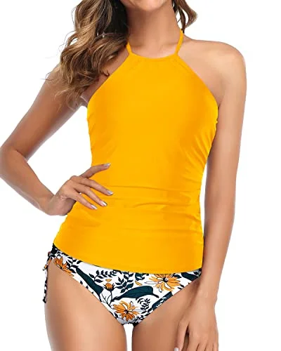 Halter Tankini Two Piece Swimsuits For Women Tummy Control Bathing Suits-Yellow Floral Retro Swimwear Style