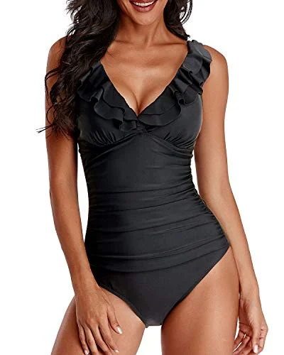 Slimming Women's V Neck One Piece Swimsuit-Black Elegant Ruffle Swimsuit