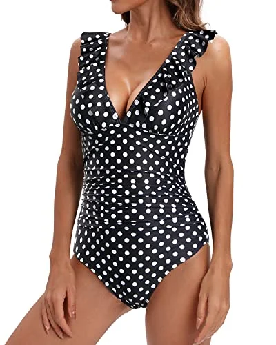 Women's Tummy Control Ruffled V Neck Bathing Suit One Piece Swimwear V-Neck Swim Dress