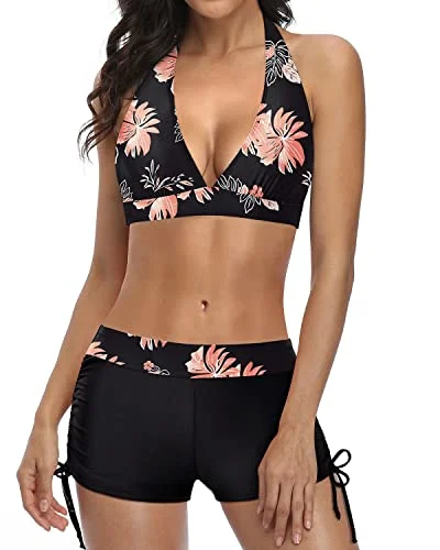 Push Up Bikini Swimsuit Set With Boyshort Two Piece Swimsuit-Black Orange Floral Bold Swimsuit Design