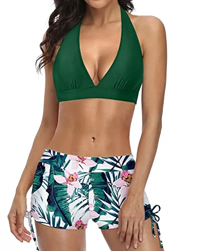 Removable Padding Push Up Bikini With Boyshort Two Piece Swimsuit-Green Tropical Floral Bold Swimsuit Design