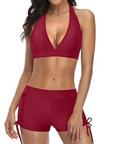 Elastic Two Piece Swimsuit With Push Up Bikini And Boyshort-Red Plunge Neckline Swimsuit