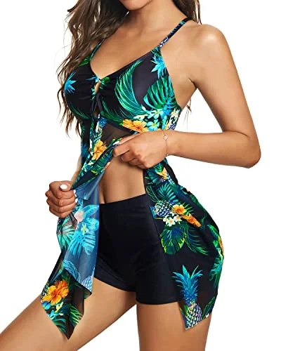 Tummy Control High Waisted Boy Shorts Two Piece Swim Dress-Black Pineapple Stylish Swimsuit Set