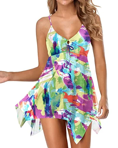 Women Full Coverage Non See Through Two Piece Swim Dress-Color Tie Dye Vibrant Bikini Design