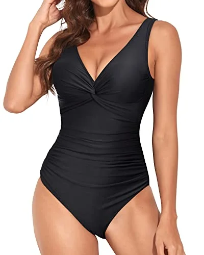 Long Torso Women One Piece Swimsuit Vintage V Neck Twist Bathing Suit-Black Sleek Racerback Swimsuit