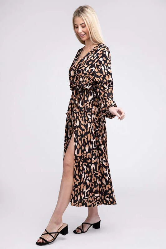 Leopard Print Wrap V Neck High Waist Midi Dress Cozy Ribbed Knit Midi Dress