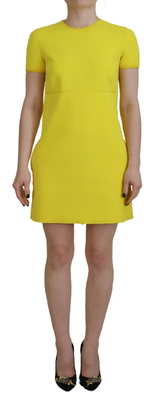 Yellow Nylon Short Sleeves Round Neck Mini Dress Elegant Vintage Mini Dress