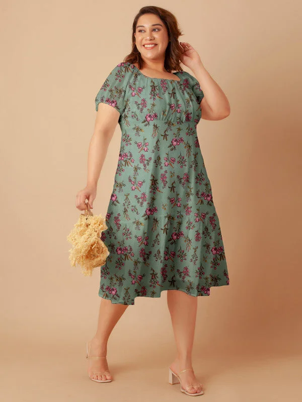 Mint Green Floral Print Empire Midi Dress Stylish Cold Shoulder Midi Dress
