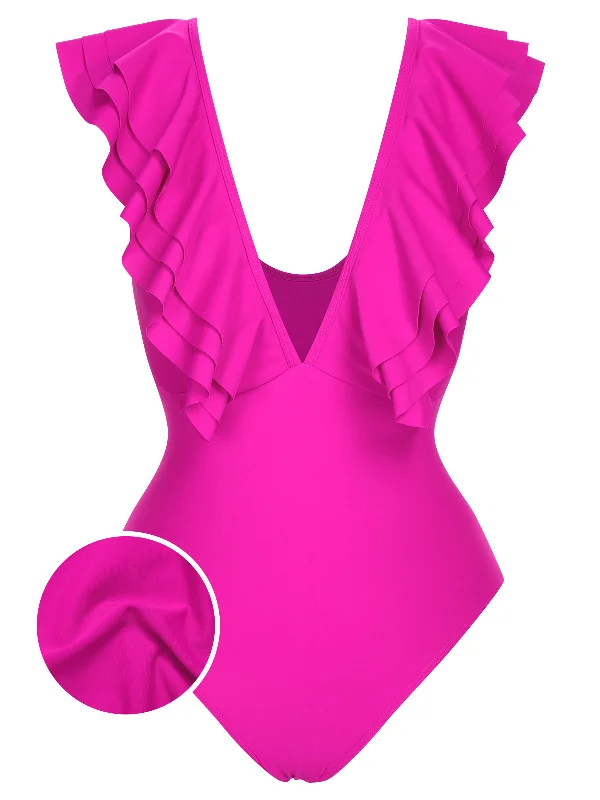 1950s Solid Ruffle V-Neck One-Piece Swimsuit Beachy Ruffle Bikini