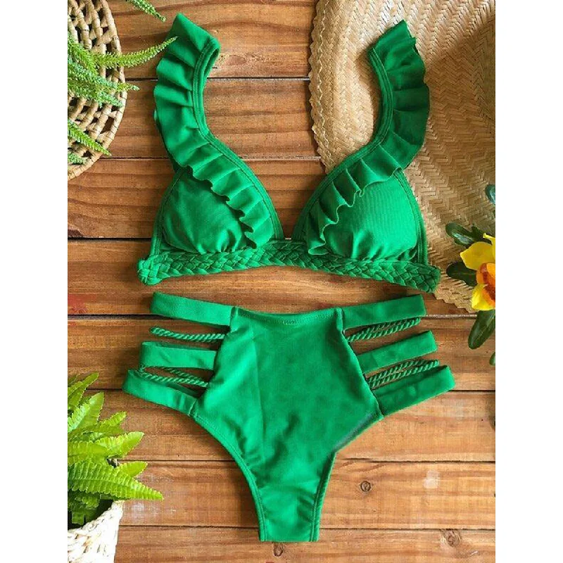 Green High-Waisted Hollow Bikini Swimwear High-Waisted Swimwear