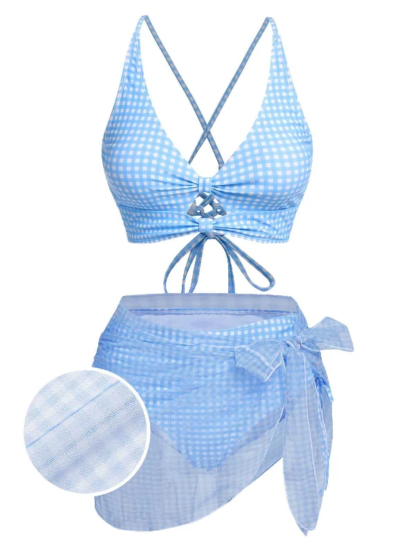 2PCS Blue 1950s Plaids Swimsuit & Mesh Cover-Up Comfortable Swim Shorts
