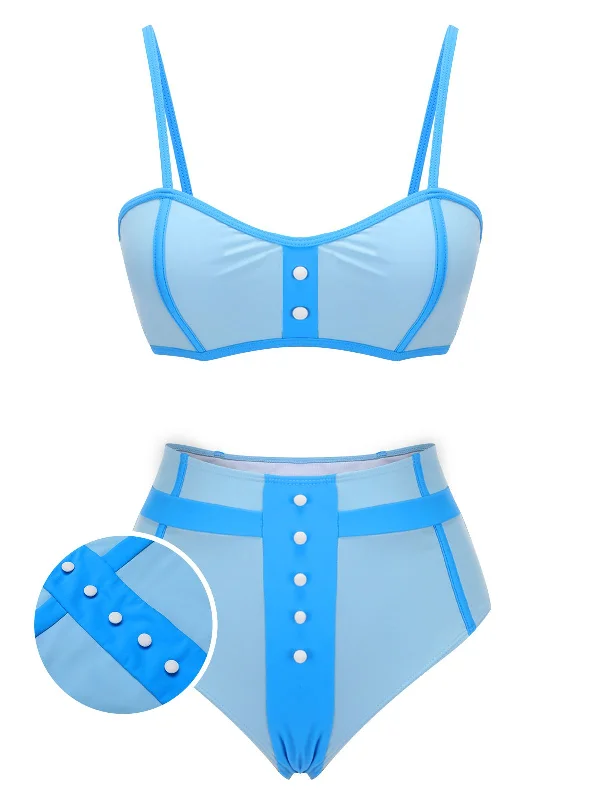 Blue 1950s Button Patchwork Swimsuit Plus-Size Bikini Set