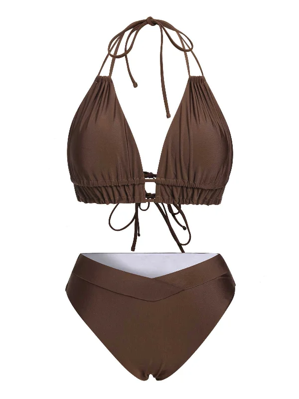 Brown 1960s Halter Solid Swimsuit Stylish Swimsuit Set