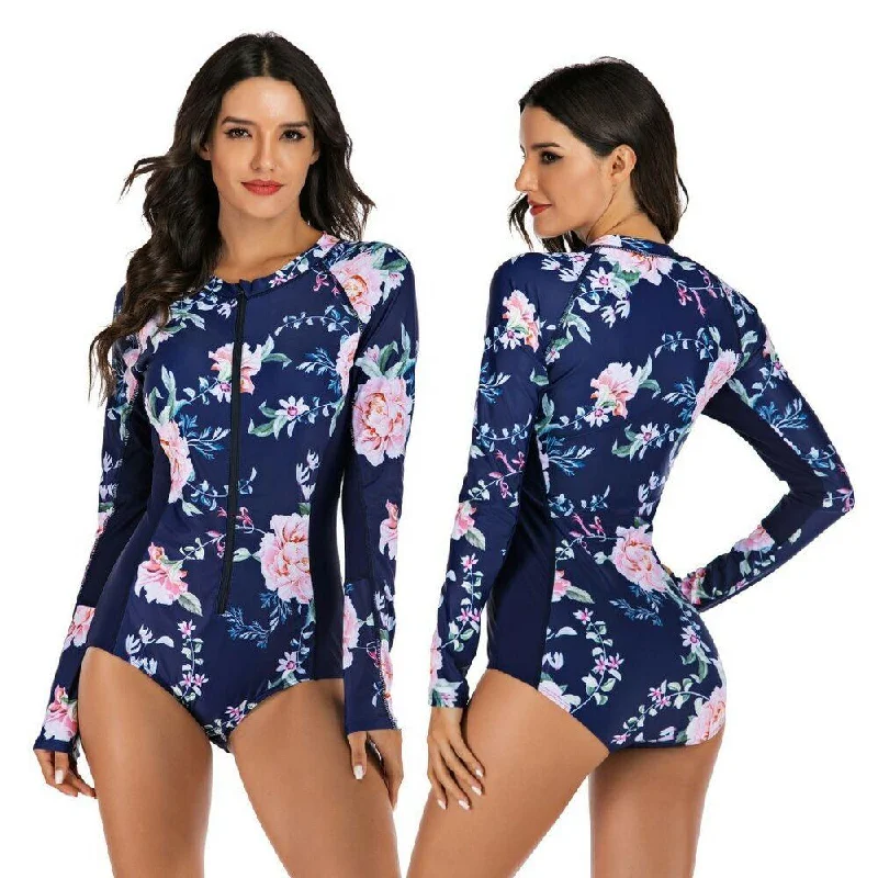 Rash Guard Zipper One Piece Swimsuit Floral Swimwear Set